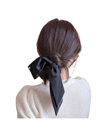 scicent Silk Scrunchies Satin Hair Scarf with Bow Solid Colors Hair Scrunchies Elastic Scrunchy Scarf Ponytail Holder Bands - Black 6308