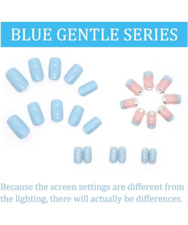 24pcs French False Nails Short - Almond Square Press on Nails - Blue Full Cover Acrylic Nails with Glue for Women and Girls - Buy Online on GoSupps.com