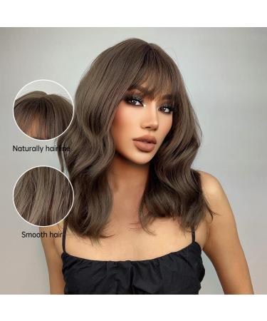 EMMOR Short Curly Wavy Bob Wig with Bangs - Brown | Shoulder Length Synthetic Heat Resistant Wig for Women - Buy Online on GoSupps.com