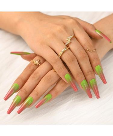 Bohen long coffin false nails glossy grade fake nail ballerina party 24 pcs press nail for women and girls (green)