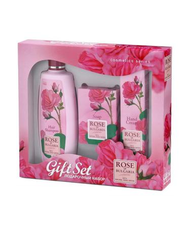 Biofresh Cosmetics Rose of Bulgaria Gift Set for Women - Hair Shampoo Cosmetic Soap Hand Cream with Rose Essential Oil and Rose Water