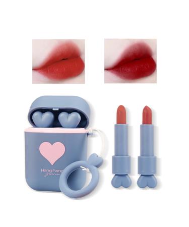 LAMUSELAND Matte Lipstick Makeup Set, 2Pc/Set Waterproof Long Lasting Velvet Moisturizing lip stain Earphone Dual-color Lip Gloss Primer, Non-stick Cup Lip Make Up Gift Kit for Girls (Blue)