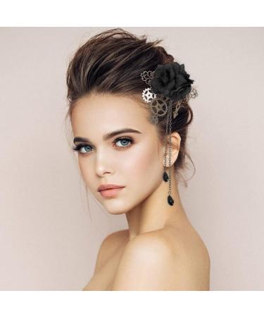 Steampunk Hair Clips with Tassels Chain Rose Flower Hair Clip Vintage Halloween Headdress Goth Gothic Hair Accessories for Women Girls Halloween Costume Decorations Black - Buy Online on GoSupps.com