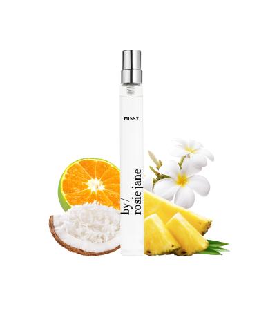 By Rosie Jane Eau De Parfum Travel Spray (Missy) - Clean Perfume for Women - Notes of Coconut Green Mandarin Pineapple and Frangapani - Paraben-Free Vegan Cruelty-Free Phthalate-Free (10ml) Missy (Frangipani) 0.34 Fl Oz (Pack of 1)