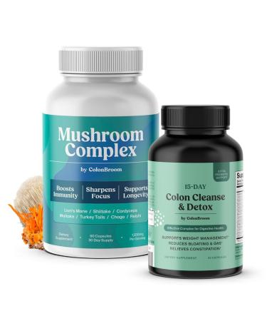 ColonBroom 15 Day Colon Cleanse & Detox Cleanse for Weight Loss + Mushroom Complex (60 Capsules) Powerful Mushroom Blend with Cordyceps Reishi Shiitake Lion s Mane Extract for Energy Immunity