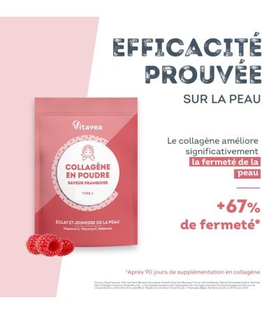 Collagen Powder Raspberry Flavor - 6800mg per day - Hydrolyzed Peptides Types 1 - 2000 Da - Radiance & Youthful Skin - Highly Bioavailable - Made in France - Vitavea - Buy Online on GoSupps.com