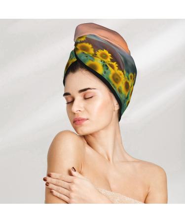 Hair Towel Wrap for Quick Drying - Button Closure Towel Turban in Horse Sunflowers | Shop Internationally - Buy Online on GoSupps.com