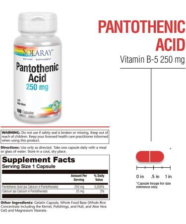 SOLARAY Pantothenic Acid 250mg - Vitamin B5 for Energy Metabolism, Hair, Skin, Nails & Digestive Support - 100ct, 100 Servings (Pack of 3) - Buy Online on GoSupps.com
