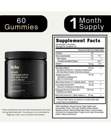 Deha Shilajit Gummies for Men & Women with Ashwagandha, Irish Sea Moss, Lion s Mane, Beet Root & Black Seed Extract Raspberry Watermelon Flavor Vegan, Non-GMO, Gluten-Free 60 Gummies - Buy Online on GoSupps.com