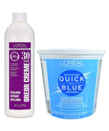 L'Oreal Technique Quick Blue Powder Bleach Extra Strength 1lb w/30 Volume Oreor Developer 16oz Bundle