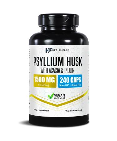 Healthfare Psyllium Husk Fiber 1500mg | 240 Vegan Capsules | Extra Strength Fiber Supplement | Supports Digestive Health | Non-GMO Gluten-Free | Made in USA 240 Count (Pack of 1)