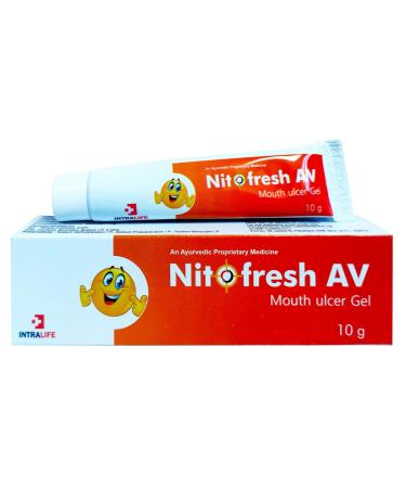 NITOFRESH-AV MOUTH ULCER GEL | Sharkara (Saccharum officinarum)*St. 150 mg + Khadir (Acacia catechu)*Ht. Wd. 134 mg + Yashtimadhu (Glycyrrhiza glabra)*Rt. 40 mg + Kushth (Saussurea lappa)*R
