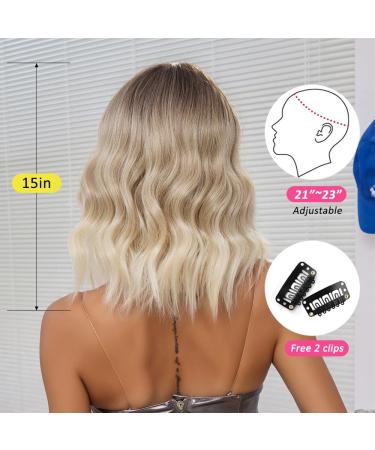 OUFEI Ombre Blonde Short Wavy Wig with Bangs - Heat Resistant Synthetic Hair for Daily Wear and Cosplay - Buy Online on GoSupps.com