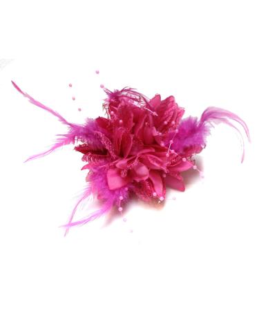 Flower Feather Bead Corsage Hair Clips Fascinator Hairband and Pin (Fuchsia Hot Pink)