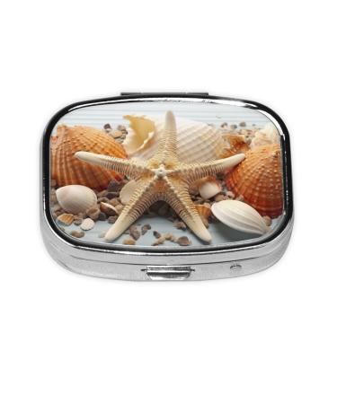 Starfish and Shells Printing 2 Compartment Small Pill Case Cute Small Pill Box Purse Pill Boxs Travel Pill Organizer for Pocket Purse and Travel Gifts