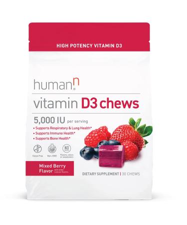humanN Vitamin D3 Chews - High Potency Vitamin D3 5000iu (125mcg) Helps Support Healthy Mood Immune Support Respiratory Health & Bone Health Mixed Berry Flavor 30-Count