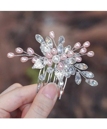 Edary Silver Bride Wedding Hair Comb Pink Pearl Headpiece Leaf Bridal Hair Accessories for Women and Girls