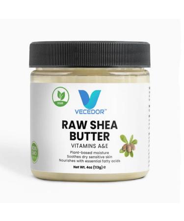 VECEDOR African Raw Shea Butter, Organic, Moisturizing, Unrefined, Natural, Vegan, Eczema Relief, Anti-Aging Skin Care With Vitamins A & E, For Face, Body & Hair, Unscented 4oz