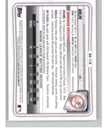 2020 Bowman Draft Paper #BD-178 Anthony Volpe New York Yankees MLB Trading Card - Topps Raw NM Condition - Buy Online on GoSupps.com