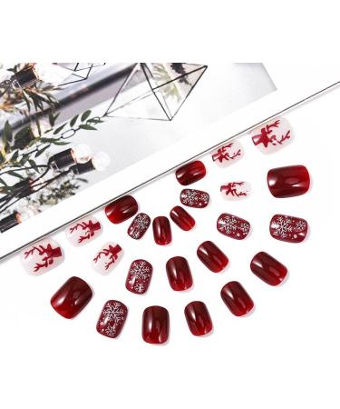 Vatocu Christmas Red False Nails - Snowflake, Elk, Snowman Design | Short Press on Acrylic Stick on Nails for Women (24pcs) - Buy Online on GoSupps.com