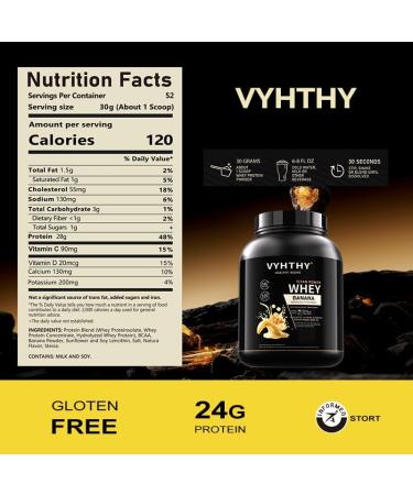 VYHTHY Banana Flavored Whey Protein Powder 24g Protein per Serving Fast-Absorbing Concentrated whey Protein Low Sugar Gluten-Free Natural Flavor 3.5lbs(56oz) - Buy Online on GoSupps.com