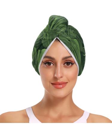 Tropical Green Leaves Hair Towel 2 Pack Super Absorbent Hair Drying Towel Quick Dry Hair Turbans Head Towel with Button Twisty Wrap for Women Girls