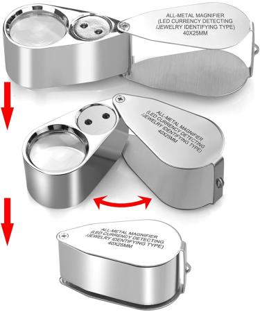 Leffis 40X Jewelers Loupe Magnifier with LED/UV Illumination - Metal Construction, Pocket Size for Jewelry, Gardening, Kids, Stamp, Rock Collecting - Buy Online on GoSupps.com