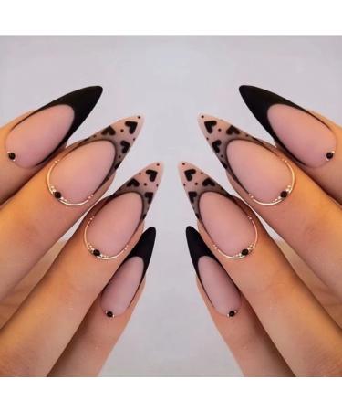 JUSTOTRY 24 Pcs Stiletto False Nails Short Black and Pink French Press on Nails Pattern Pretty Leopard Fake Nails Short with Nail Glue Almond Stick on Nails for Women Nails Fake Nail for Nails Art BL1