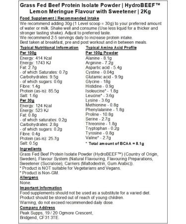 Grass Fed Beef Protein Isolate 95% - HydroBEEF | Rich in Type I II III Collagen (Lemon Meringue 2kg) Lemon Meringue 2kg - Buy Online on GoSupps.com