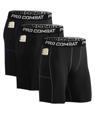 Compression Shorts Men's 3 Pack with Pocket Running Short Men's Gym, Workout, Cycling, Yoga, Climbing, Swimming, Black Large