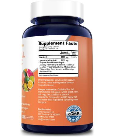NusaPure Liposomal Vitamin C 2032mg - 200 Veggie Capsules with BioPerine | High Absorption Ascorbic Acid Supplement - Buy Online on GoSupps.com