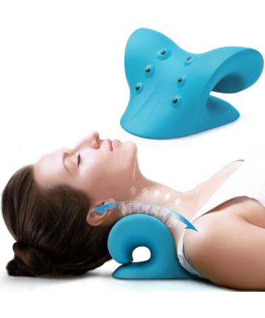 Neck and Shoulder Relaxer, Cervical Neck Traction Device Neck Stretcher with Magnetic Therapy, Cervical Spine Alignment, Chiropractic Pillow, Neck Massager for TMJ Pain Relief (Blue) A - Blue