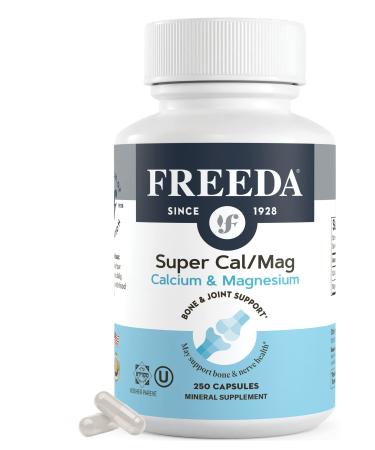 Freeda Super Cal/Mag Calcium Magnesium - Kosher Magnesium and Calcium Supplements for Women & Men - CalMag Bone & Joint Support - Vegetarian/Vegan Calcium and Magnesium Supplement - (250 Capsules) 250 Count (Pack of 1)