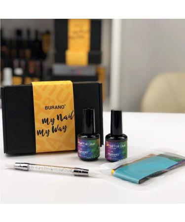 Burano Nail Foil Glue Gel Set - 15ML x 2 Bottles | 100PCS Foil Sticker & Rubber Nail Push Pen Included - Transfer Gel Polish Adhesive - Buy Online on GoSupps.com