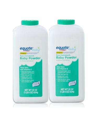 Pure Cornstarch Baby Powder Bundle. Includes Two 22oz Canisters of Equate Hypoallergenic Pure Cornstarch Baby Powder with Aloe Vera and Vitamin E Plus a Carefree Caribou Pink Compressed Facial Sponge!