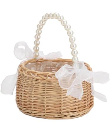 Wicker Rattan Flower Girl Basket with Pearl Handle and Bow Hand Woven Wicker Basket Candy Basket with Ribbon for Wedding