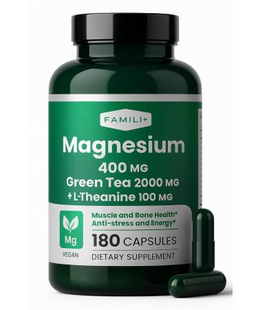 FAMILI+ Magnesium 400mg | Organic Green Tea Extract 100MG| L-Theanine Magnesium Supplement for Muscle Bone Heart Stress Relief | Better Sleep & Antioxidant Support | 180 Vegan Capsule for 90 Days