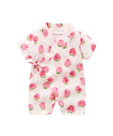 PAUBOLI Kimono Robe Newborn Cotton Yarn Robe Baby Romper Infant Japanese Pajamas 6-12 Months Strawberry