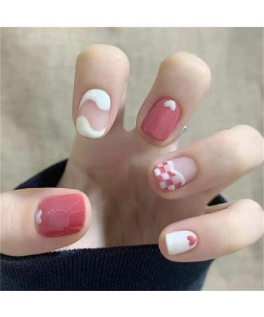 Square Short Fake Nail Full Cover with Glue Detachable French Heart Press on Nails 24 Pieces Finger Nail Art Tips for Nail Salons and Women DIY Nail Art