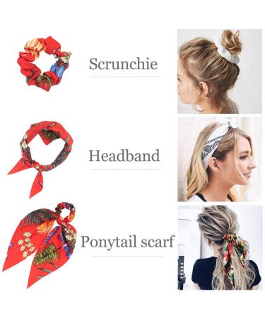 Sunaction Tropical Style Chiffon Floral Scrunchie Scarf Set - 12 Pcs Ponytail Holders with Bows | Flower Pattern Hair Scarf Scrunchies - Buy Online on GoSupps.com