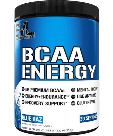 Evlution Nutrition BCAA Anytime Energy Powder - Pre Workout Powder with BCAAs Amino Acids Post Workout Recovery Drink Vitamin C Vitamin B12 Muscle Recovery Endurance (30 Servings Blue Raz V2)