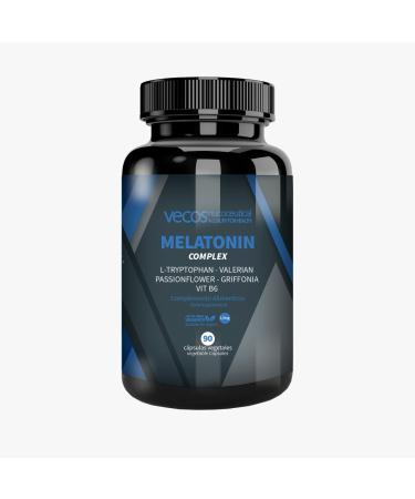 Melatonin 1.9 mg Vecos for Sleep | Supplement with L-Tryptophan, Valerian, Passionflower, Griffonia and Vitamin B6 | 90 Vegetable Capsules | 100% Vegan