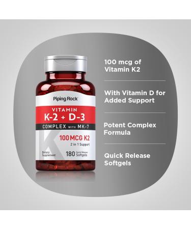 Piping Rock Vitamin K2 D3 Supplement | 100 mcg | 180 Softgels | Complex with MK7 | Non-GMO Gluten Free - Buy Online on GoSupps.com