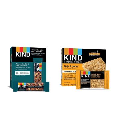 KIND Bars Dark Chocolate Nuts & Sea Salt Gluten Free Low Sugar 40 Grams 12 Count & Healthy Grains Bars Oats & Honey with Toasted Coconut Gluten Free 35 Grams 5 Count