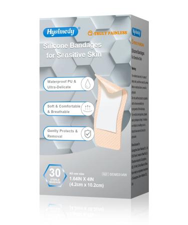 Hysimedy Silicone Adhesive Bandages for Sensitive Skin Ultra-Waterproof Series - 1.64x4(30 Counts) - Pain Free Hypoallergenic Latex Free Bandaids for Elderly Kids 1.64x4 IN