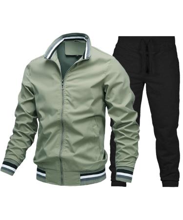 Hanxiulin training suit men jogging suit sports suit casual zipper training suit jogging pants with hood jogger sports pants and training jacket green m