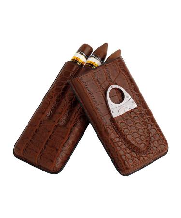 PIPITA Cigar Cases Portable Leather Travel Cigar Case Cigar Holder 3 Tubes Cigar Humidor with Stainless Steel Cigar Cutter Portable Gift Bag (Brown)