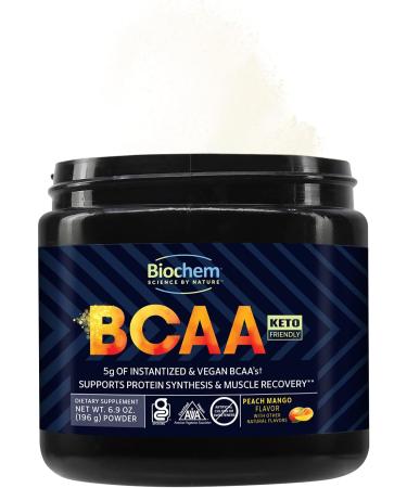 Biochem BCAA Powder Peach Mango 5g 30 Servings | Vegan Gluten Free Keto Instantized 2:1:1 BCAA Supplement for Muscle Recovery Protein Synthesis & Hydration | Electrolyte Amino Acid Powder - Buy Online on GoSupps.com