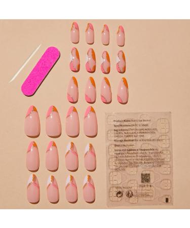 Medium Almond Orange Pink Press on Nails with Gold Line Design - 24 Pcs | Summer False Nails for Women - Buy Online on GoSupps.com