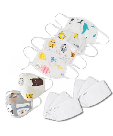KaWaii Kid's Face Cloth Masks for Children Teens Boys Girls (2-5T) 4-Layer Waterproof Cotton Mask Pack of 6 Masks + 6 PM2.5 Pads Animals 6-MSK_6PAD_2-5T